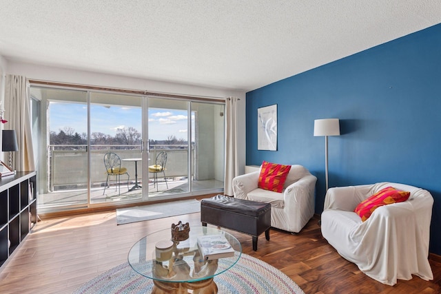 living area featuring wood finished floors and a textured ceiling