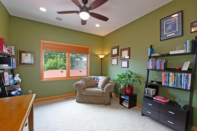 living area featuring carpet floors, recessed lighting, and baseboards