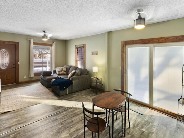 living area featuring a textured ceiling, baseboards, and wood finished floors