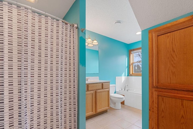 full bath with tile patterned floors, toilet, a textured ceiling, a bath, and vanity