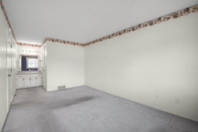 spare room featuring a sink, visible vents, and light carpet