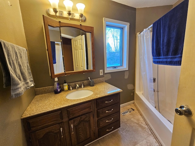 21888 650th Ave, Dexter, MN 55926 - full bathroom featuring vanity, shower / bathtub combination with curtain, and tile patterned floors