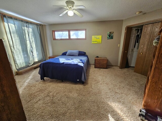 21888 650th Ave, Dexter, MN 55926 - bedroom featuring carpet, a textured ceiling, a ceiling fan, and a closet