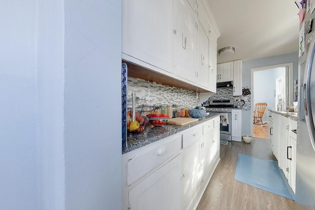 kitchen with under cabinet range hood, decorative backsplash, wood finished floors, electric range, and white cabinetry