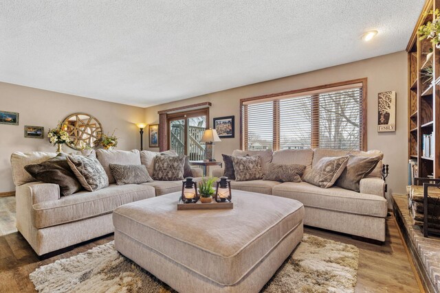 living room with a textured ceiling and wood finished floors