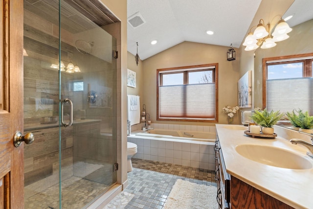 full bath featuring double vanity, visible vents, tile patterned flooring, a shower stall, and a sink