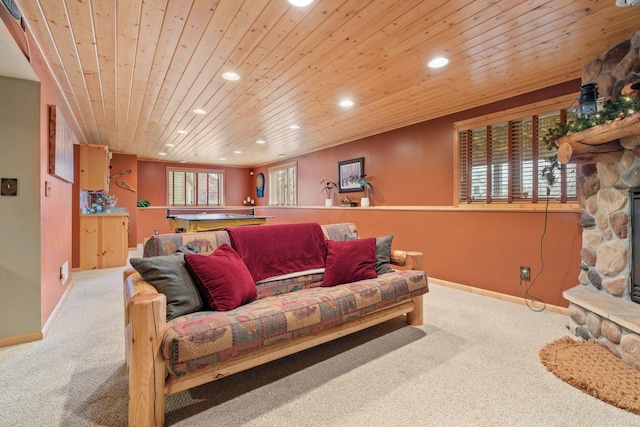 carpeted living room featuring recessed lighting, baseboards, plenty of natural light, and wooden ceiling