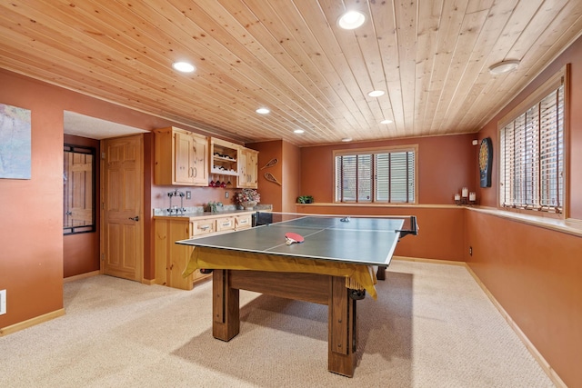 rec room featuring wood ceiling, recessed lighting, and light colored carpet