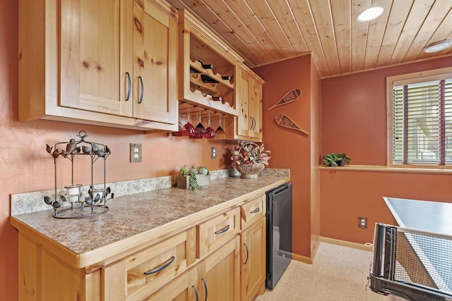 kitchen featuring light countertops, open shelves, wooden ceiling, and light brown cabinets