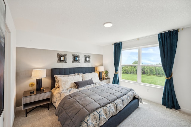 bedroom with carpet floors and a textured ceiling