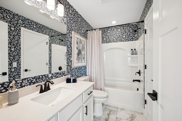 bathroom featuring toilet, wallpapered walls, marble finish floor, and shower / tub combo with curtain