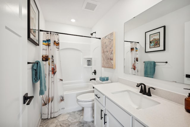 full bathroom featuring recessed lighting, visible vents, toilet, shower / tub combo, and vanity