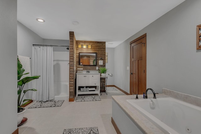 bathroom featuring a garden tub, a shower with shower curtain, recessed lighting, tile patterned flooring, and vanity