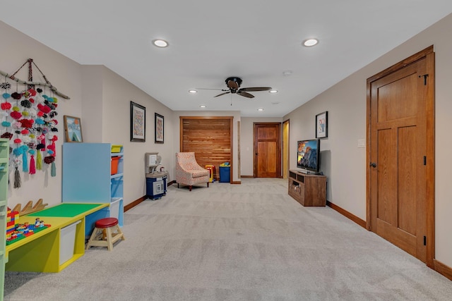 playroom featuring recessed lighting, a ceiling fan, baseboards, and carpet floors