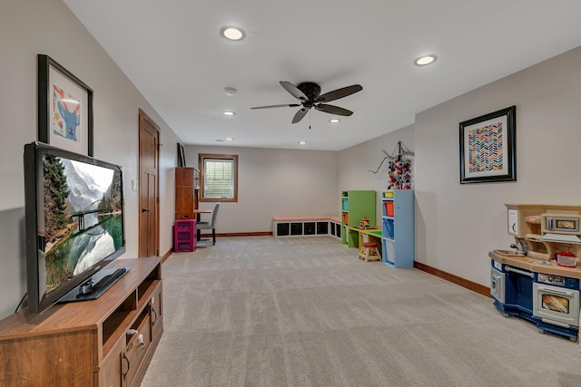 game room featuring recessed lighting, baseboards, light colored carpet, and ceiling fan