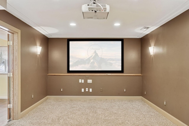 cinema room with recessed lighting, baseboards, carpet floors, and ornamental molding