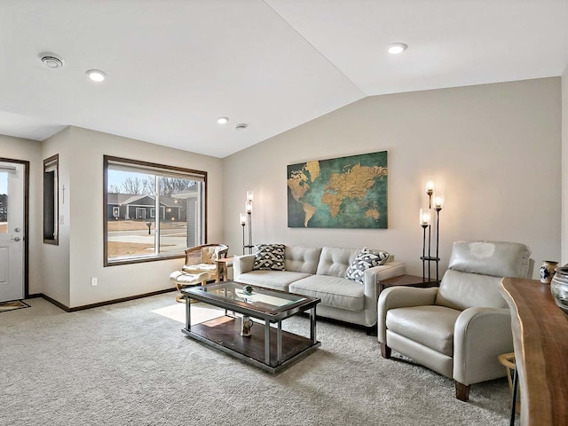 living area featuring lofted ceiling, recessed lighting, light carpet, visible vents, and baseboards