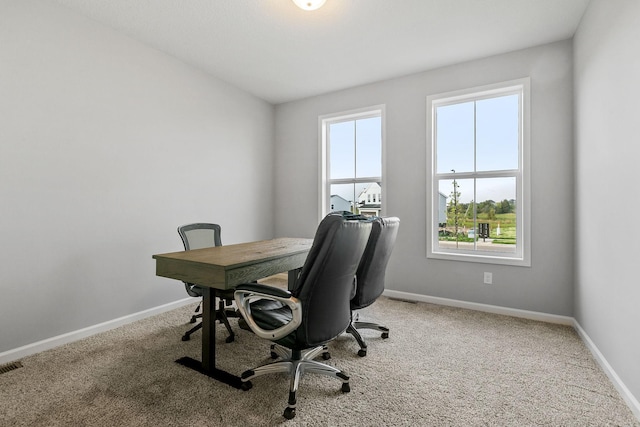 home office featuring carpet floors and baseboards