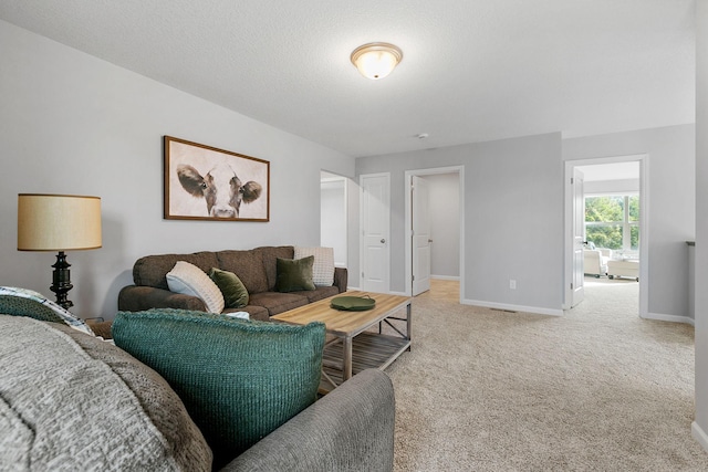 living room featuring carpet floors, a textured ceiling, and baseboards