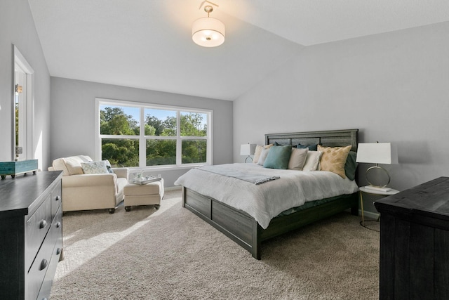 bedroom with carpet floors, lofted ceiling, and baseboards