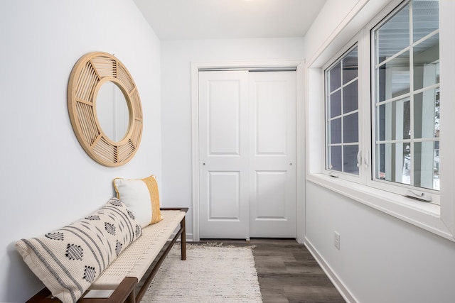 entryway with baseboards and dark wood-type flooring