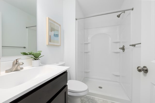 bathroom with a shower, vanity, and toilet