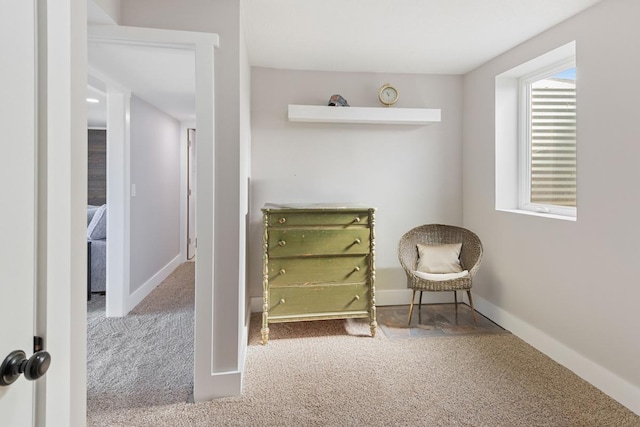 sitting room featuring baseboards and carpet flooring