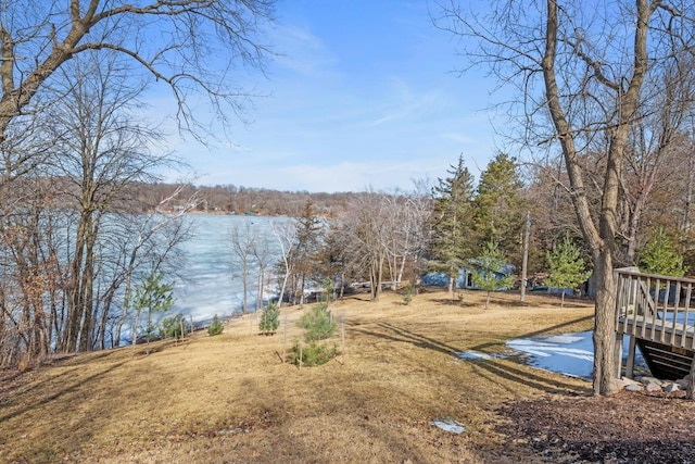 view of yard featuring a deck with water view