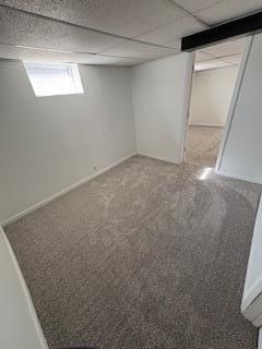 basement featuring a drop ceiling and carpet