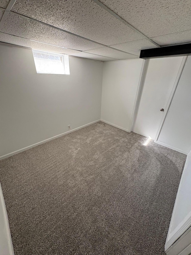 basement featuring baseboards, a paneled ceiling, and carpet flooring