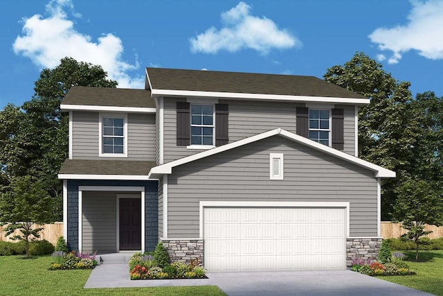 view of front facade featuring stone siding, concrete driveway, a front lawn, and fence