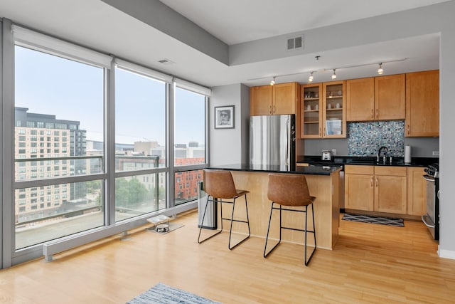 kitchen with light wood-style flooring, visible vents, appliances with stainless steel finishes, tasteful backsplash, and a wall of windows