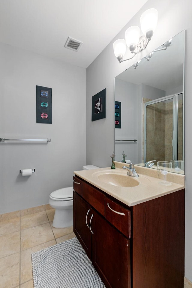 full bath with tile patterned flooring, toilet, vanity, visible vents, and a stall shower