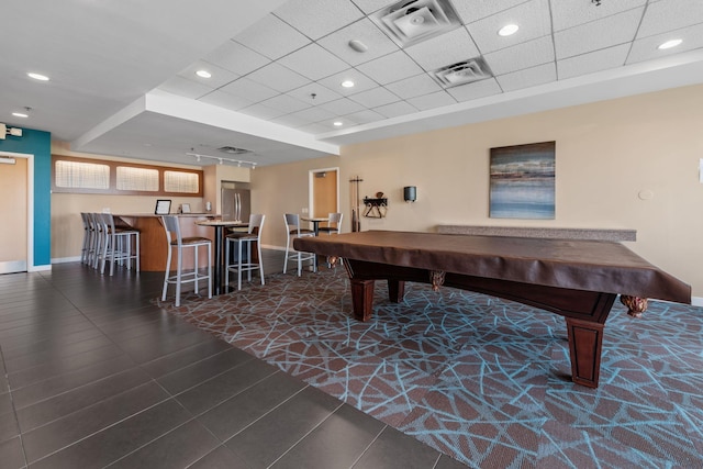 playroom with pool table, recessed lighting, visible vents, and baseboards