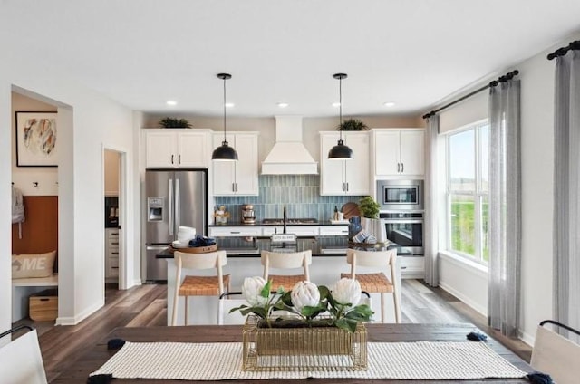 kitchen featuring tasteful backsplash, premium range hood, white cabinets, and stainless steel appliances