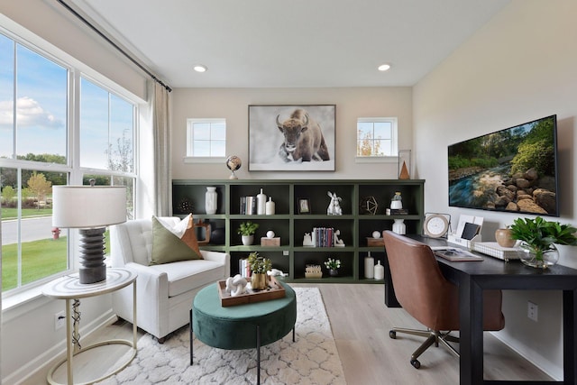 home office featuring recessed lighting, baseboards, and wood finished floors