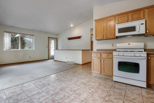 kitchen featuring lofted ceiling, light colored carpet, white appliances, visible vents, and open floor plan