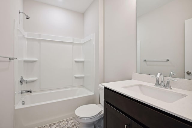 bathroom featuring toilet, shower / bath combination, and vanity