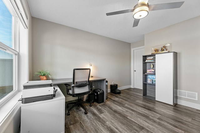 office with baseboards, visible vents, ceiling fan, and wood finished floors