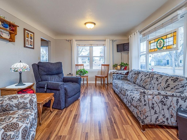 living area featuring a wall mounted AC, wood finished floors, and baseboards