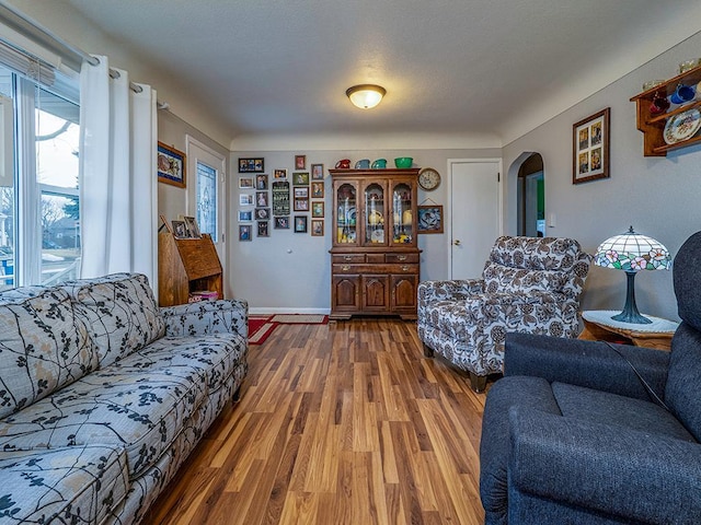 living area with arched walkways, baseboards, and wood finished floors