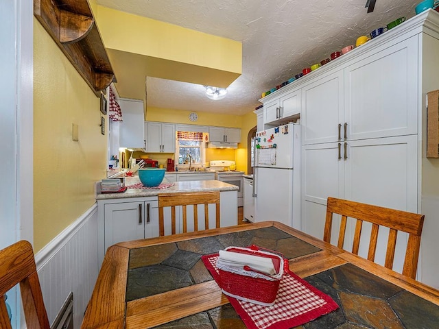 kitchen with electric stove, wainscoting, freestanding refrigerator, a textured ceiling, and a sink