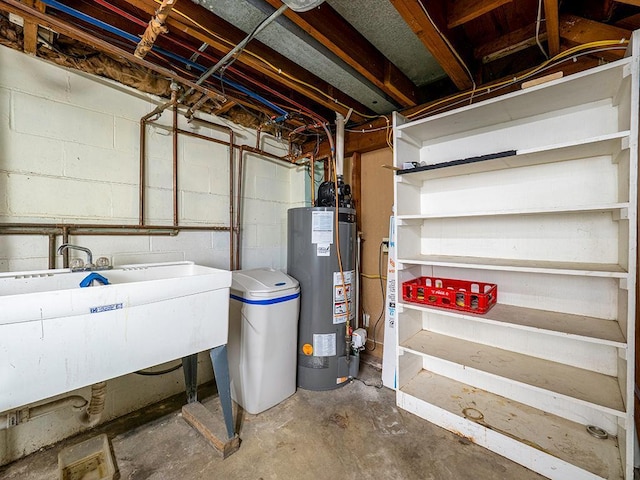 unfinished below grade area featuring gas water heater and a sink