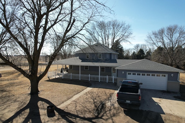 1344 385th Ave, Ten Mile Lake Twp, MN 56218 - view of front of property featuring covered porch, driveway, a garage, fence, and roof with shingles