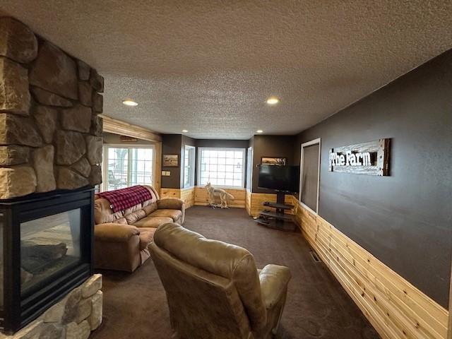 1344 385th Ave, Ten Mile Lake Twp, MN 56218 - living area with dark colored carpet, a textured ceiling, a fireplace, and recessed lighting