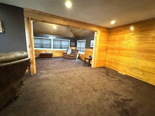 1344 385th Ave, Ten Mile Lake Twp, MN 56218 - carpeted bedroom featuring wood walls, vaulted ceiling, a textured ceiling, and recessed lighting