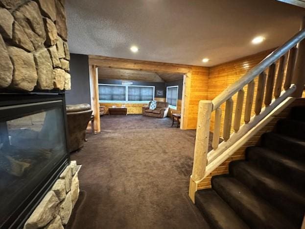 1344 385th Ave, Ten Mile Lake Twp, MN 56218 - bedroom with carpet, recessed lighting, and a fireplace