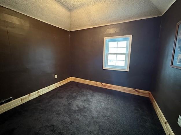 1344 385th Ave, Ten Mile Lake Twp, MN 56218 - spare room featuring a textured ceiling, dark carpet, and baseboards