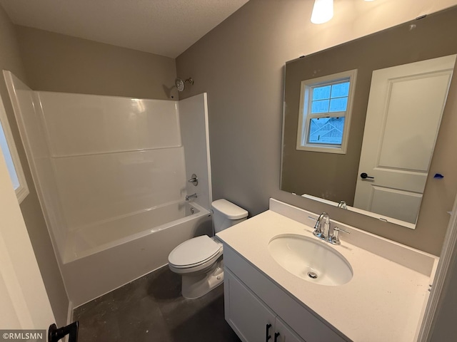 full bathroom with bathing tub / shower combination, vanity, and toilet