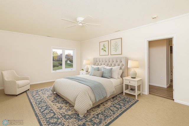 2501 30th Ave S Unit 102, Fargo, ND 58103 - bedroom with ornamental molding, light carpet, baseboards, and a ceiling fan